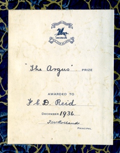 Bookplate <br/>from Frank Reid's 'Argus' Prize, 1936.